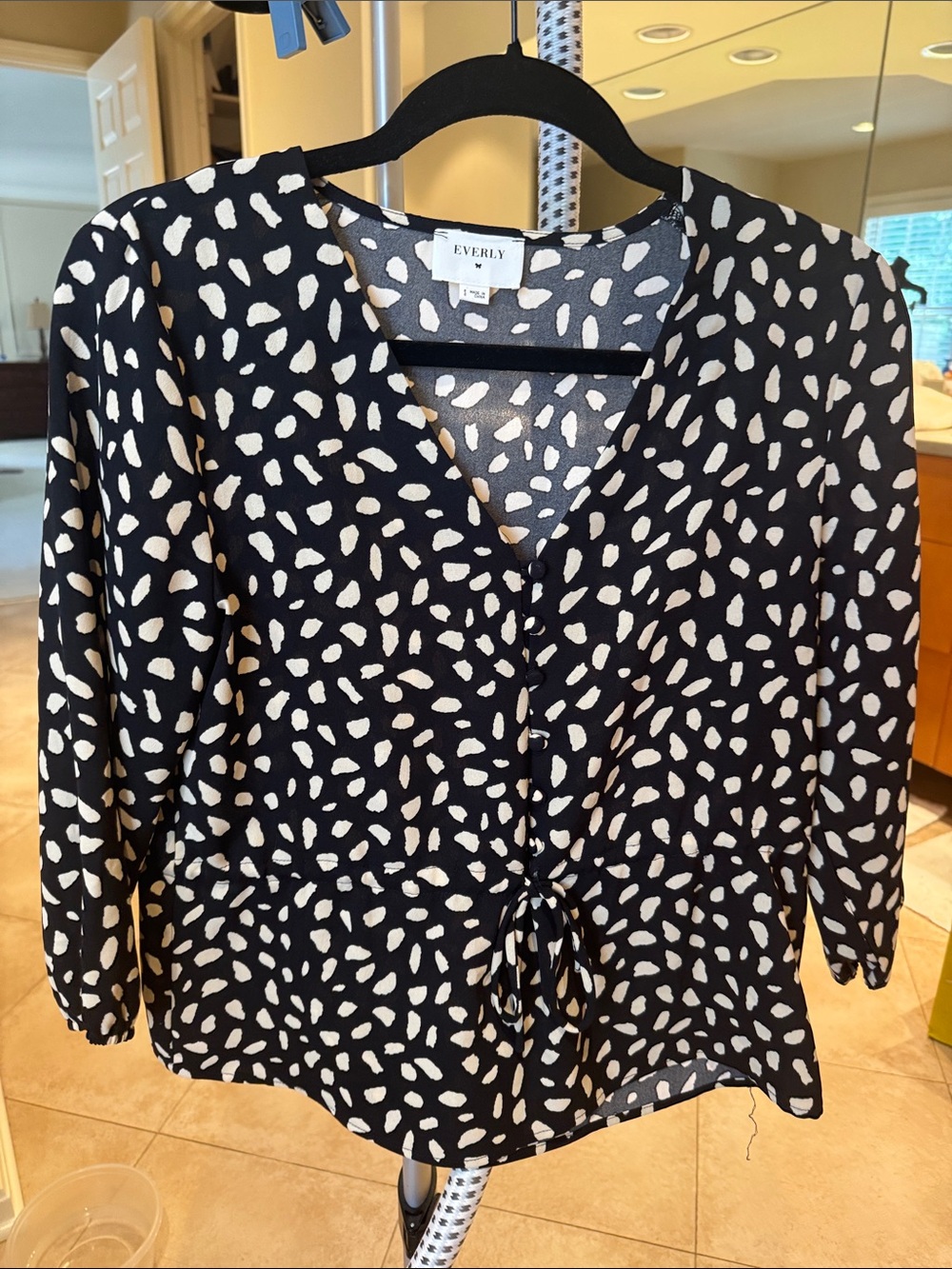Everly Black Blouse with Cream Abstract Dot Print and Front Tie